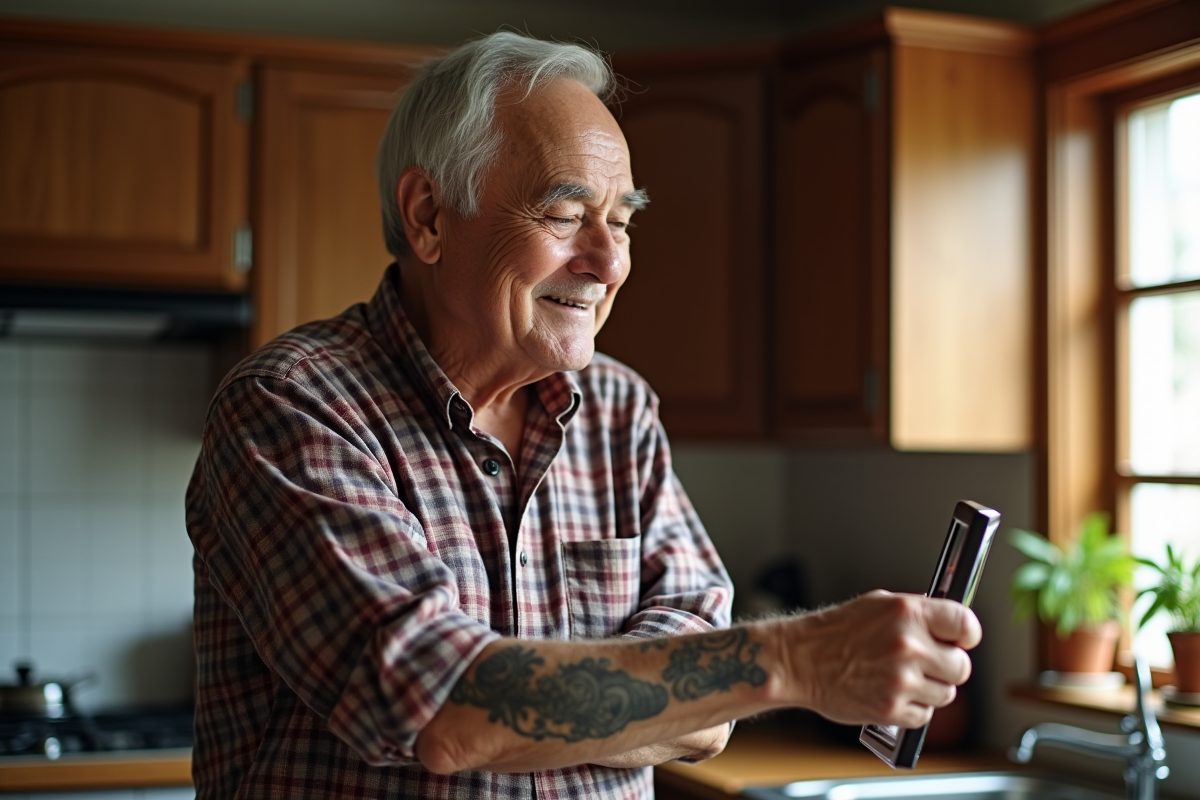 Homme âgé montrant un tatouage en regardant une photo nostalgique