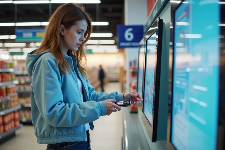 Femme utilisant une borne d'impression en libre-service dans un supermarché Carrefour