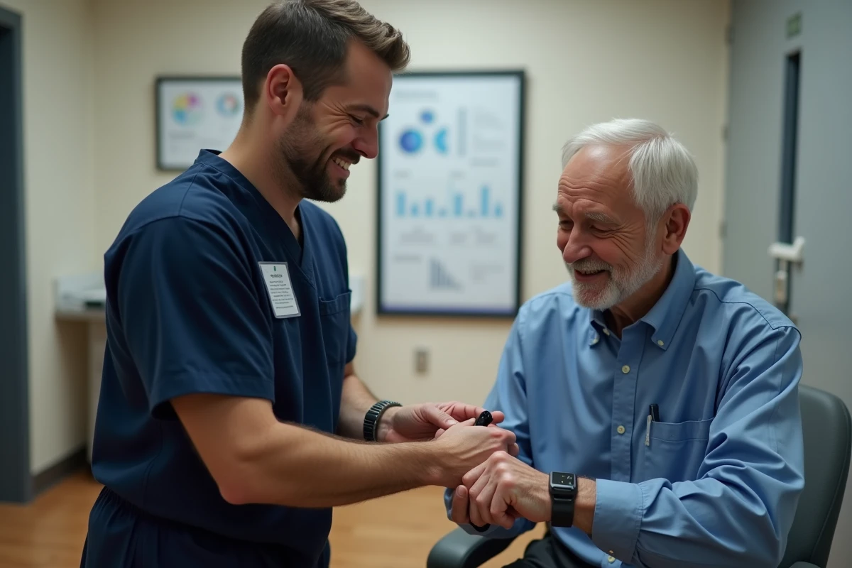 Infirmier homme ajustant un dispositif sur un patient age