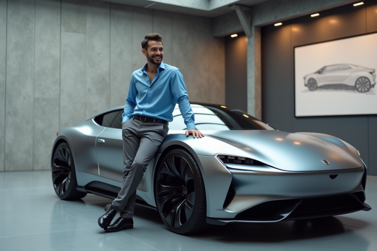 Jeune ingenieur automobile espagnol devant un concept car