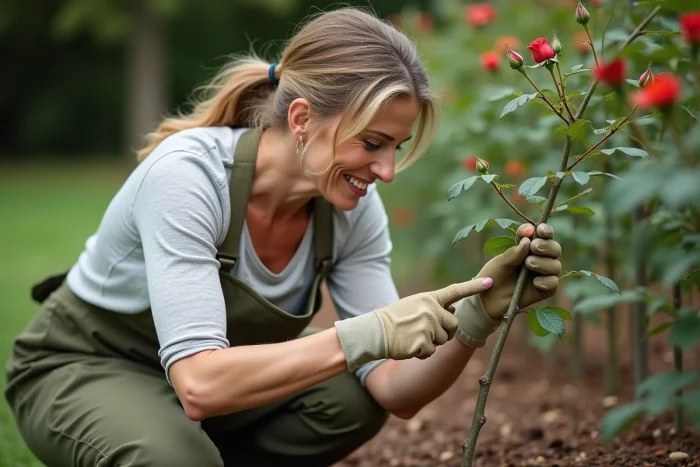 Jardinière examinant un œil de rosier sur une tige, en train de tailler ses rosiers dans un jardin fleuri