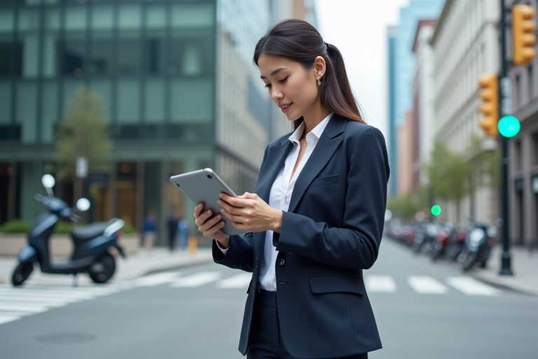 Jeune femme d'affaires dans la ville moderne avec tablette