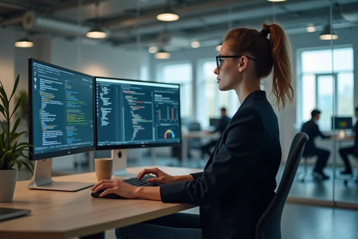 Jeune femme en blazer au bureau informatique moderne