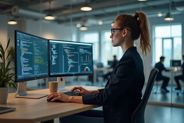 Jeune femme en blazer au bureau informatique moderne