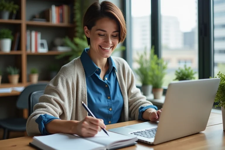 Jeune femme professionnelle travaillant sur un ordinateur dans un bureau lumineux