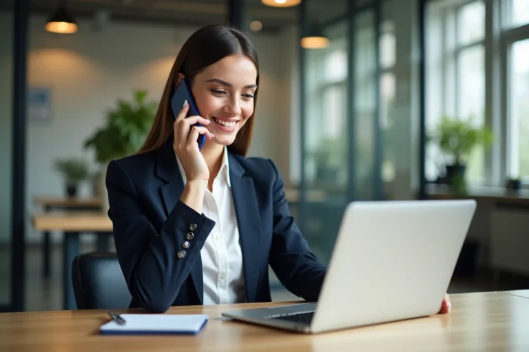 Jeune femme professionnelle au bureau avec smartphone