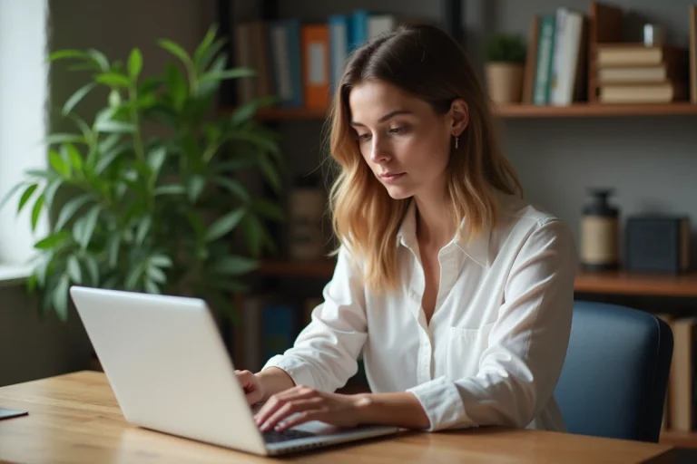 Jeune femme en blouse regardant un ordinateur portable dans un bureau cosy