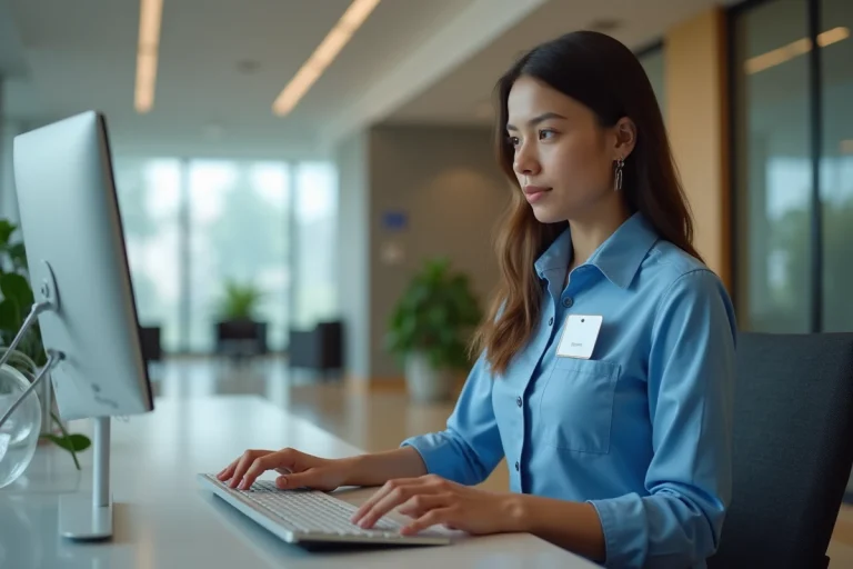 Jeune femme en uniforme de travail dans un bureau moderne