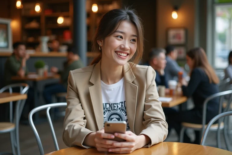 Jeune femme élégante dans un café moderne avec smartphone