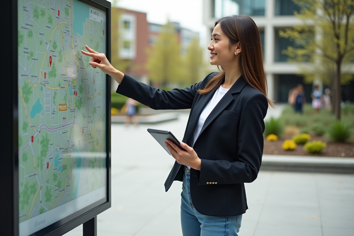 Jeune femme confiante pointant une carte dans un campus