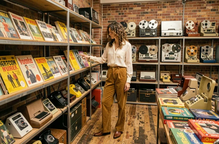 Jeune femme parcourant une collection d'objets et magazines vintage dans un concept store au style rétro soigné