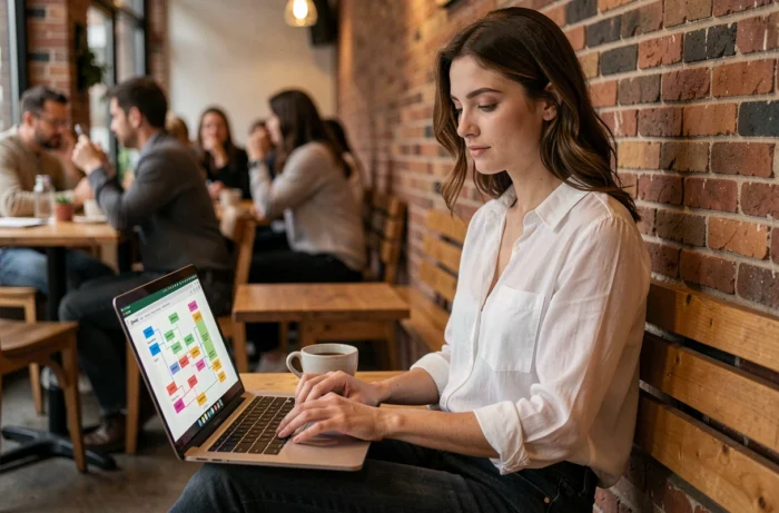 Jeune femme naviguant sur un plan de site depuis son ordinateur portable dans un café urbain