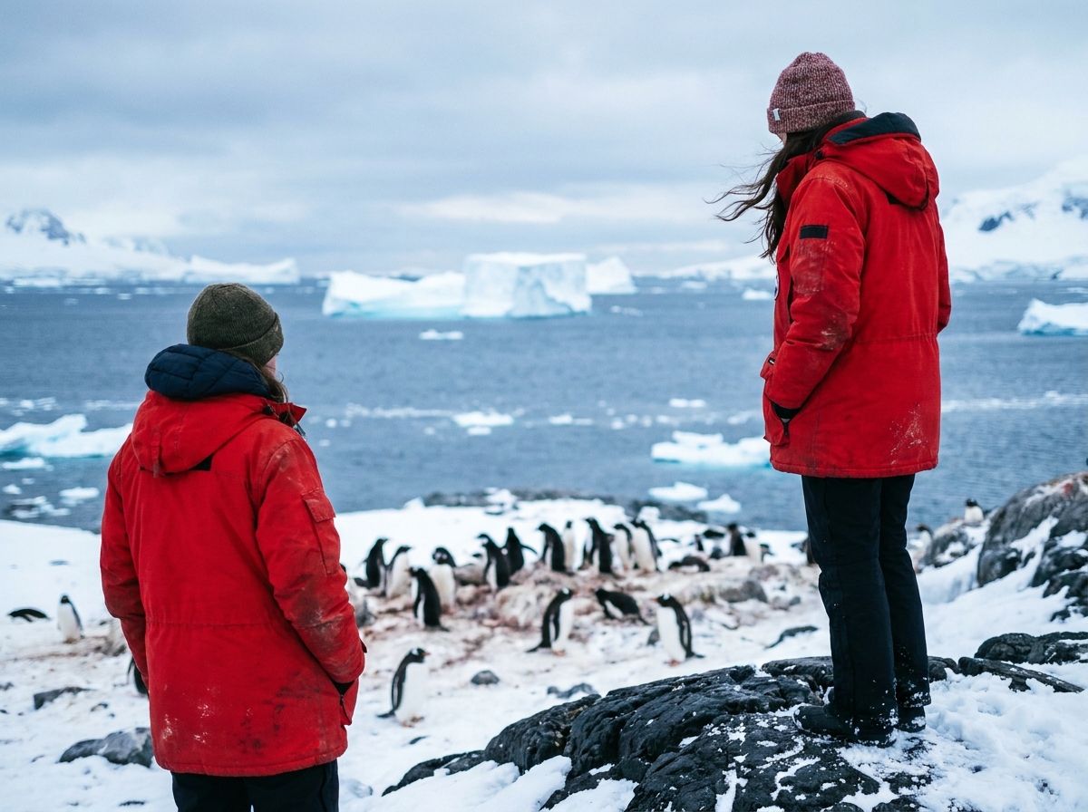 Jeune femme observant des pingouins sur la côte glacée