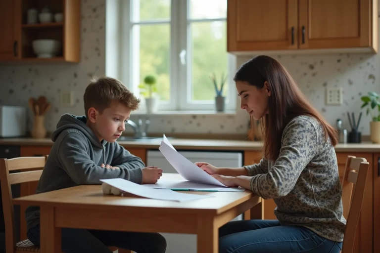 Jeune garçon et mère examinant des papiers officiels à la maison