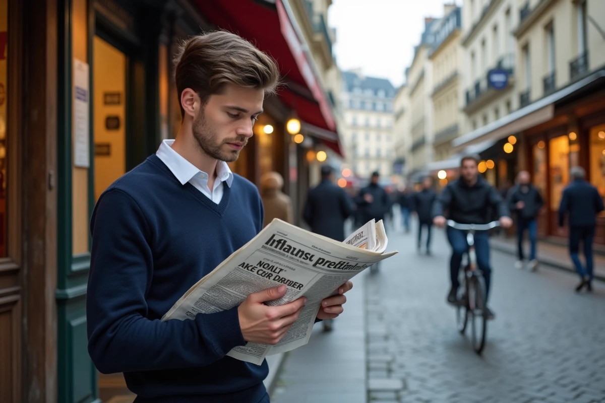 Jeune homme français regardant une presse sur l