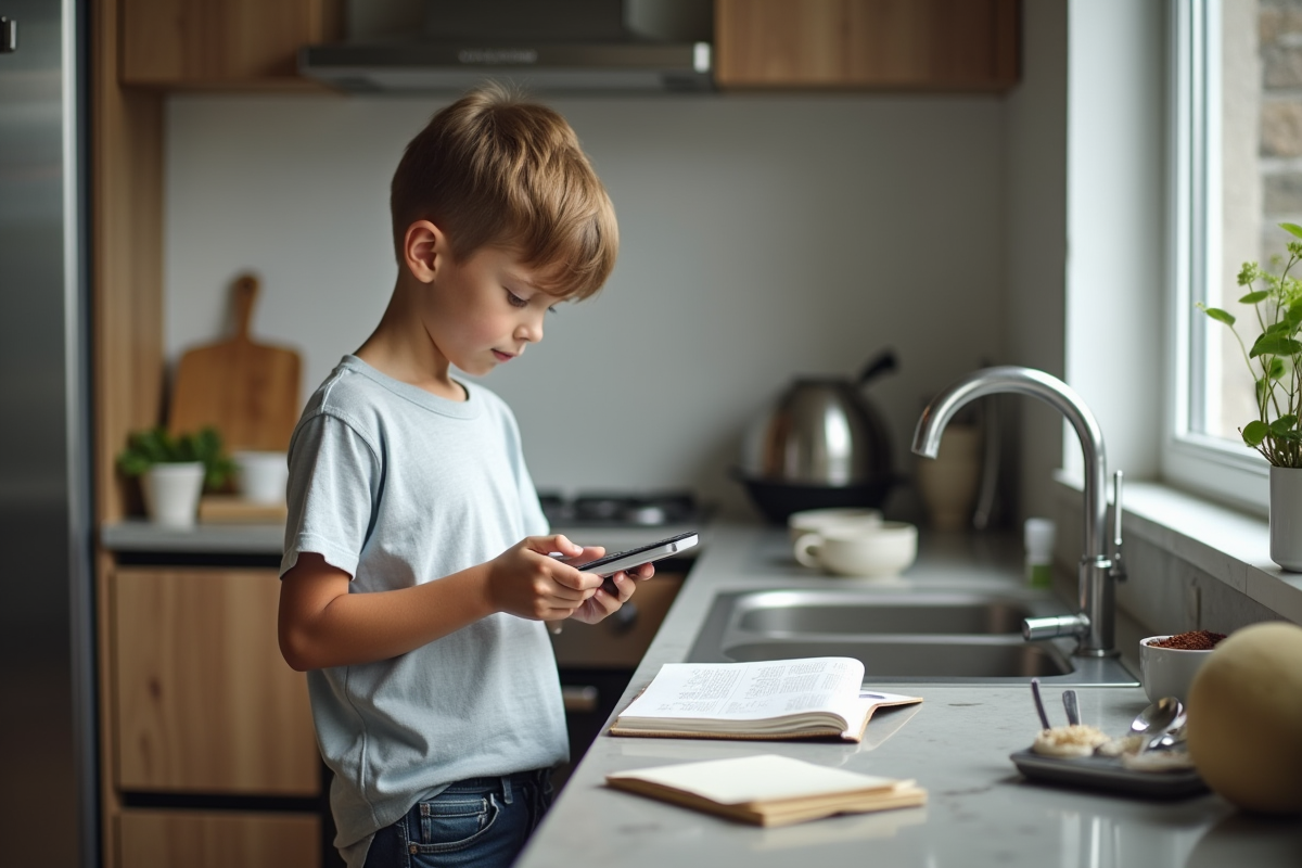 Jeune garçon convertissant des unités en cuisine moderne
