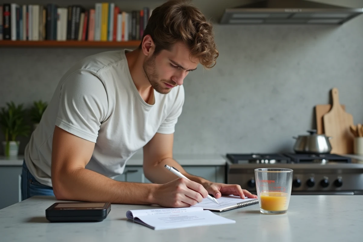 Jeune homme convertissant des ingrédients dans une cuisine moderne