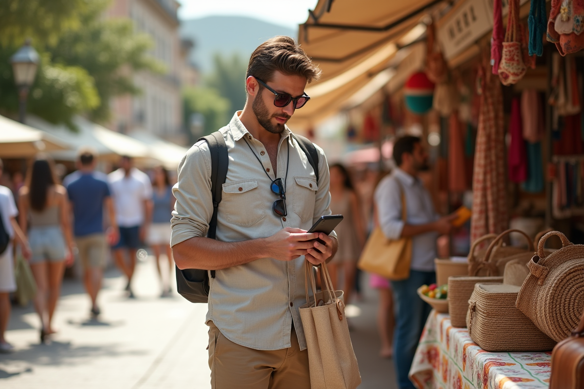 Jeune homme compare des offres au marché en été