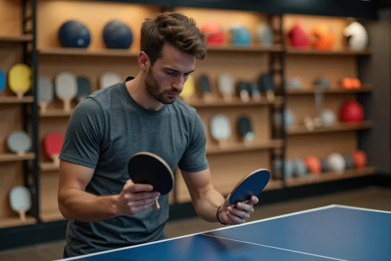 Jeune homme examinant deux raquettes de tennis de table