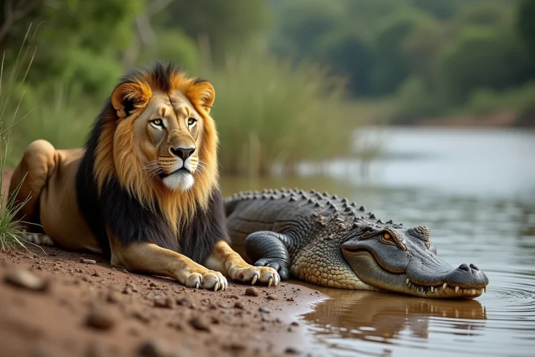 Lion africain et crocodile au bord de la rivière sauvage