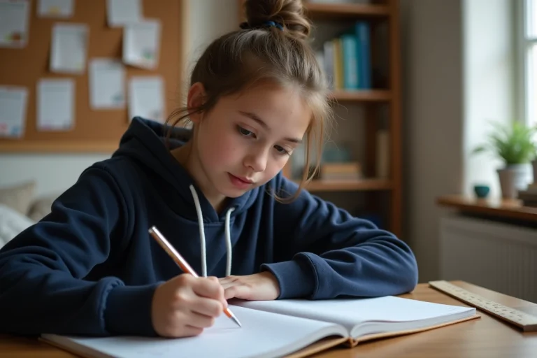 Lycéenne en seconde qui révise ses cours à son bureau avec des cahiers et manuels scolaires ouverts