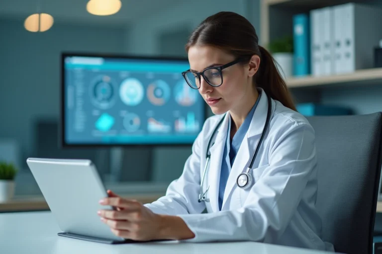 Médecin femme en blouse blanche regardant un tableau numérique