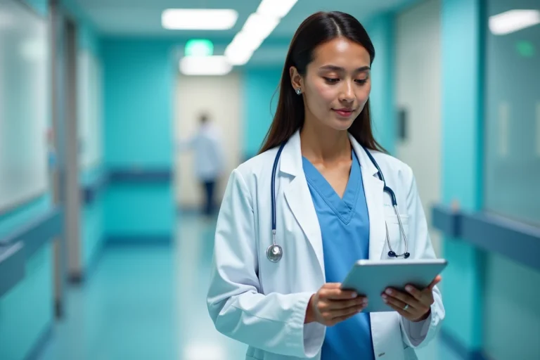 Jeune femme medecin en blouse blanche avec tablette dans un hopital