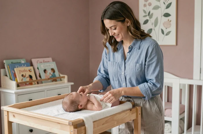 Jeune mère habillant son nourrisson sur une table à langer en bois dans une chambre de bébé pastel avec mobilier blanc et décoration botanique