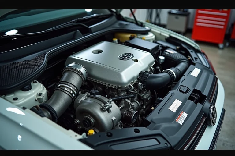 Moteur TSI turbocompressé sous le capot d'une voiture compacte européenne dans un atelier automobile professionnel
