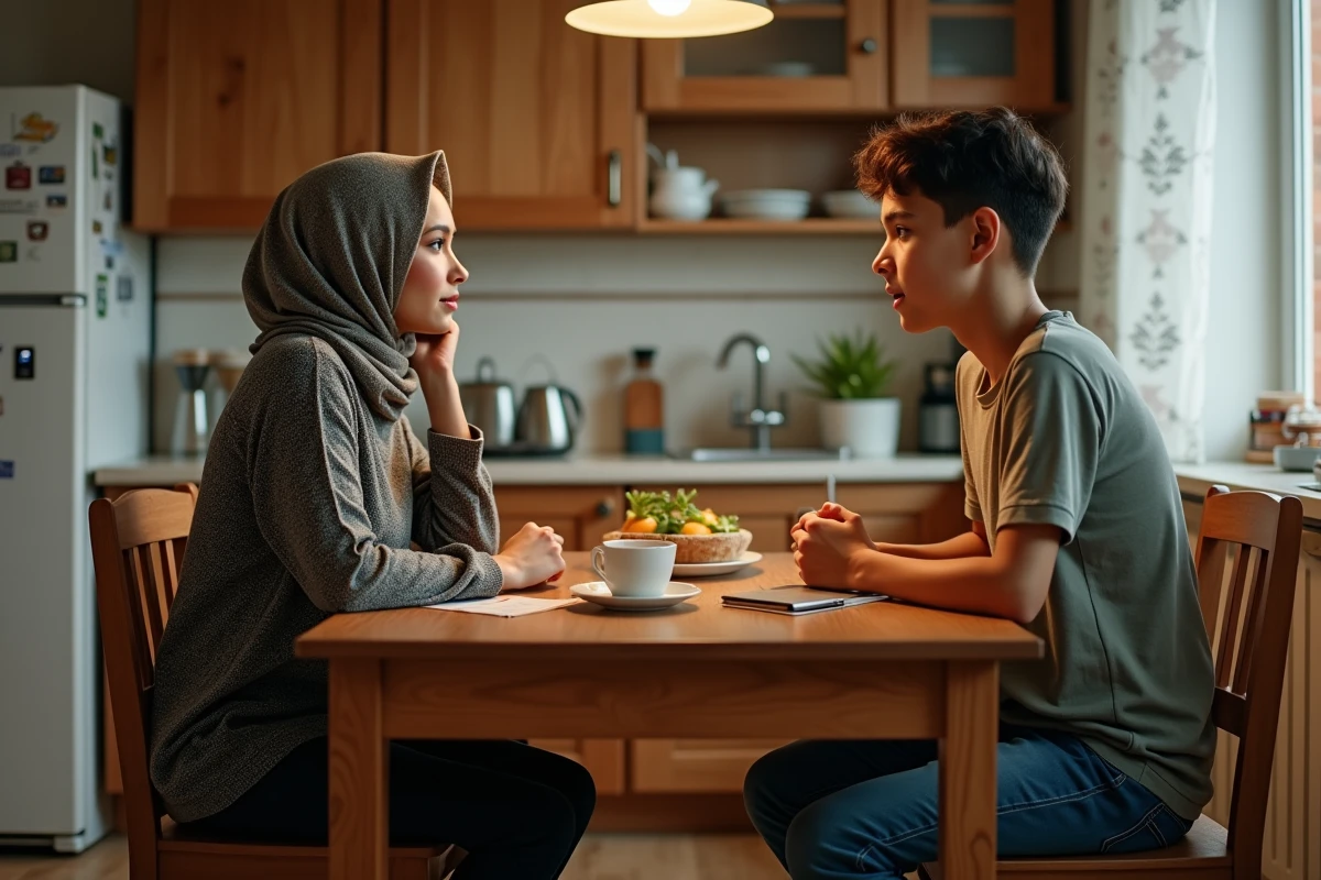 Une mère et son fils en conversation dans la cuisine chaleureuse