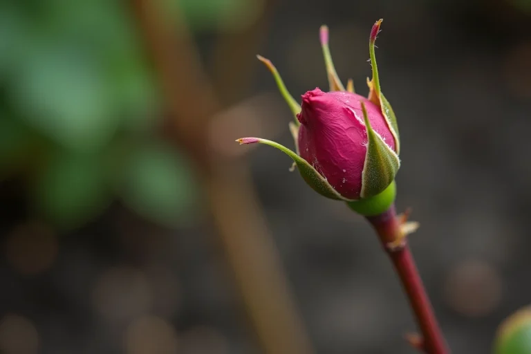 Gros plan sur un œil de rosier, bourgeon dormant rouge-rosé émergeant d'une tige ligneuse brune dans un jardin