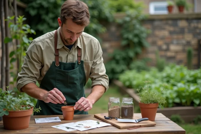 Homme organisant des semences et outils de jardinage sur un établi en bois devant un potager naturel avec treillis et herbes aromatiques