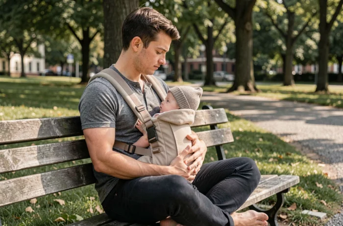 Jeune père portant son bébé dans un porte-bébé structuré sur un banc de parc urbain entouré d'arbres avec une expression de fierté apaisée