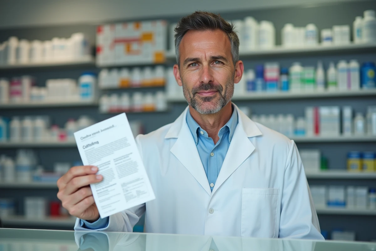 Pharmacien tient un dépliant informatif en pharmacie
