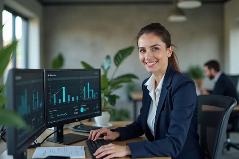 Professionnelle analysant des tableaux de bord digitaux pour booster la visibilité d'une entreprise