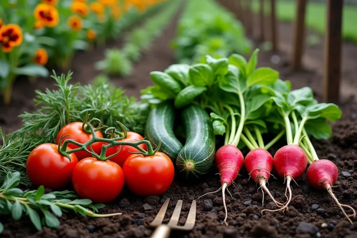 Récolte de légumes frais posée sur la terre d'un potager naturel, incluant tomates, courgettes, radis et herbes aromatiques