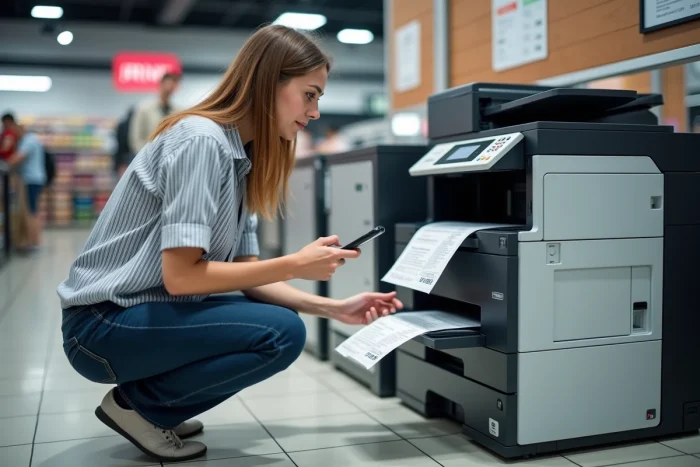 Jeune femme récupérant des impressions dans un espace photocopie Carrefour