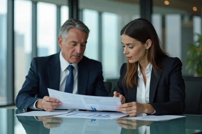 Homme d'affaires et femme en réunion dans un bureau moderne