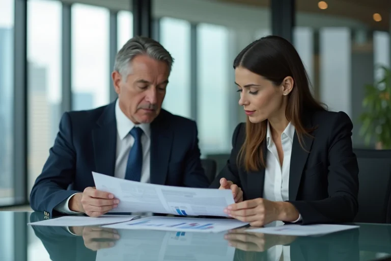 Homme d'affaires et femme en réunion dans un bureau moderne