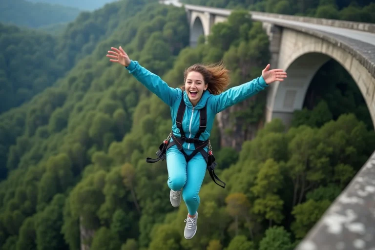 Jeune femme sautant du viaduc de Claudon en pleine nature