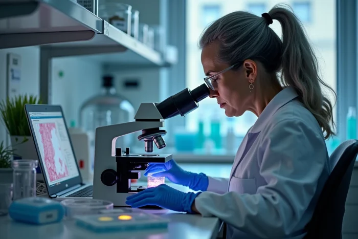Scientifique analysant des échantillons de peau en laboratoire sous microscope optique