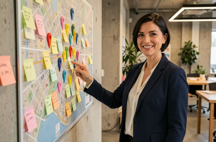 Stratège marketing locale pointant une carte géographique avec des épingles de localisation dans un bureau moderne