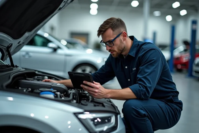 Technicien automobile examinant un moteur TFSI à injection directe dans un centre de service de concession