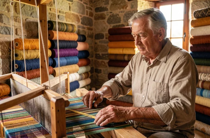 Tisserand artisan âgé travaillant sur un métier à tisser traditionnel dans une ferme provençale
