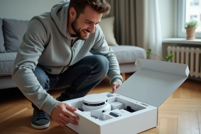 Jeune homme déballant un robot domestique connecté dans un appartement minimaliste moderne