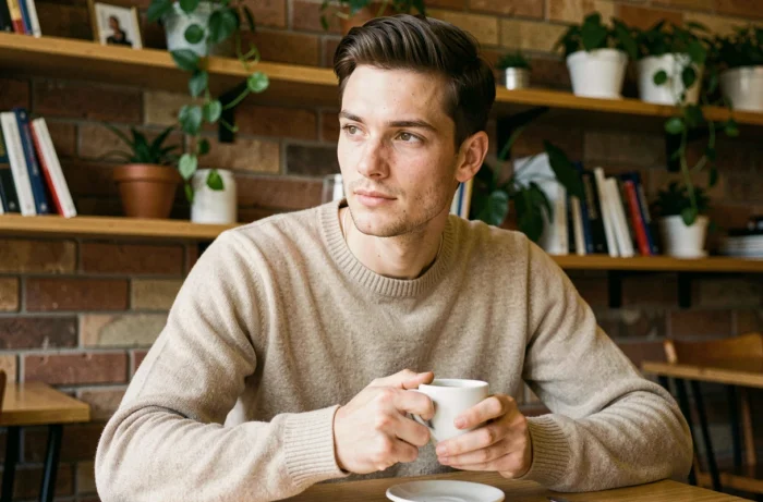Jeune homme pensif dans un café avec une tasse de café, représentant l'intimité et la vie personnelle de Yoann Usai