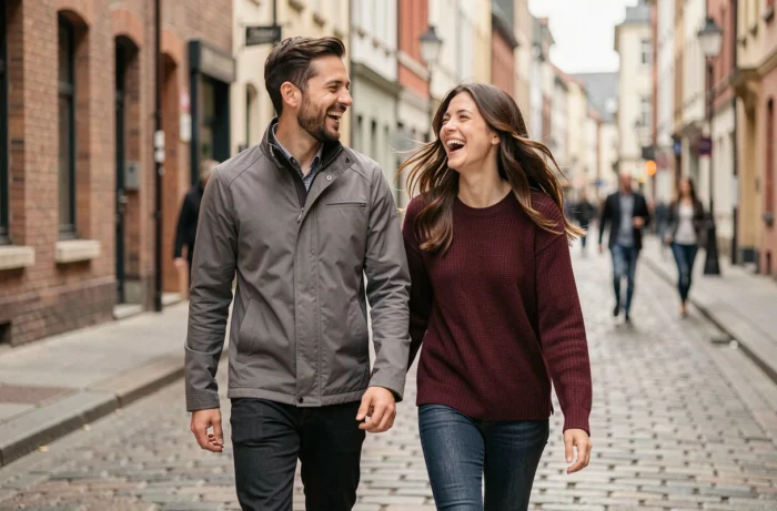 Couple se promenant dans une rue pavée européenne, symbolisant une relation authentique et la vie sentimentale de Yoann Usai